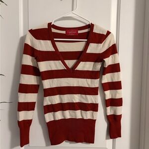 Red and White Striped V-Neck Sweater
